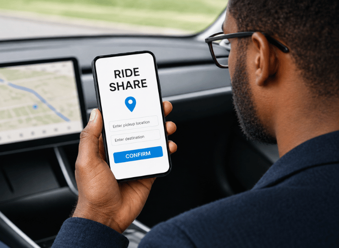 Professional driver using a rideshare app in a vehicle